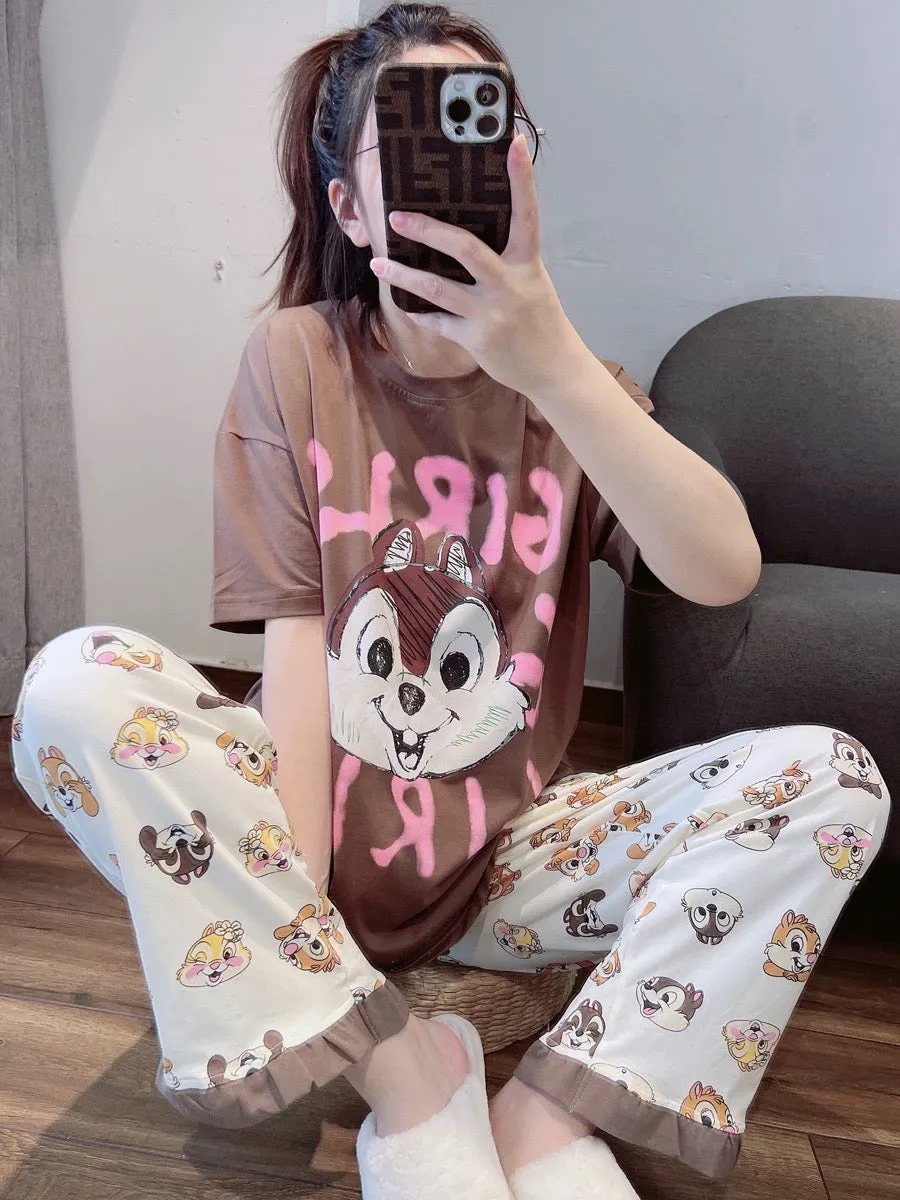 Cute squirrel cotton pajamas for women spring and summer short-sleeved trousers casual wearable home wear set 2023 new style