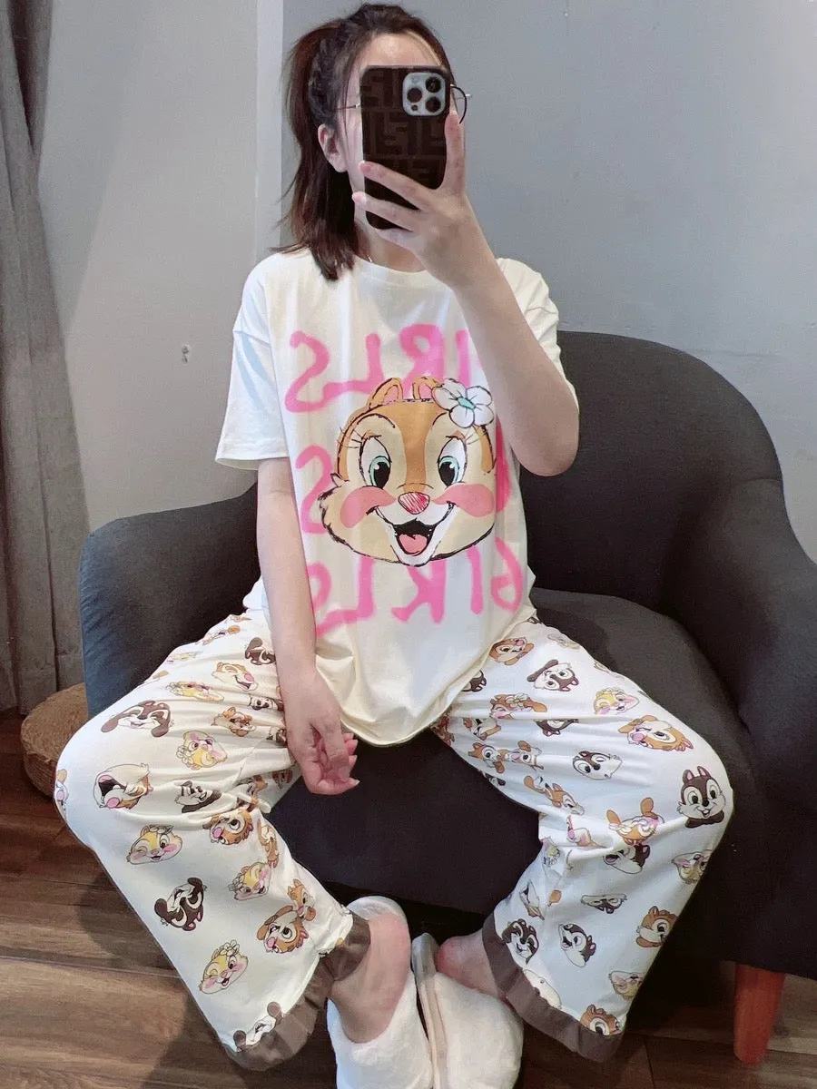 Cute squirrel cotton pajamas for women spring and summer short-sleeved trousers casual wearable home wear set 2023 new style