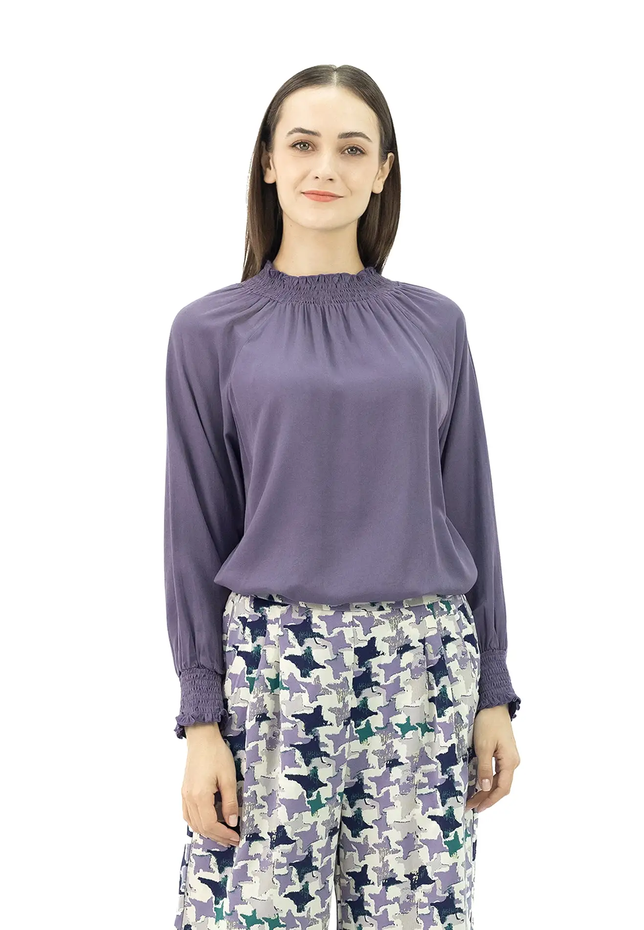 DAISY By VOIR Shirred Neck Long Sleeves Blouse