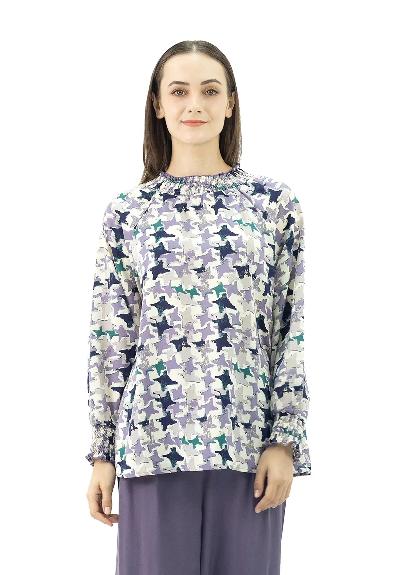 DAISY By VOIR Shirred Neck Long Sleeves Blouse