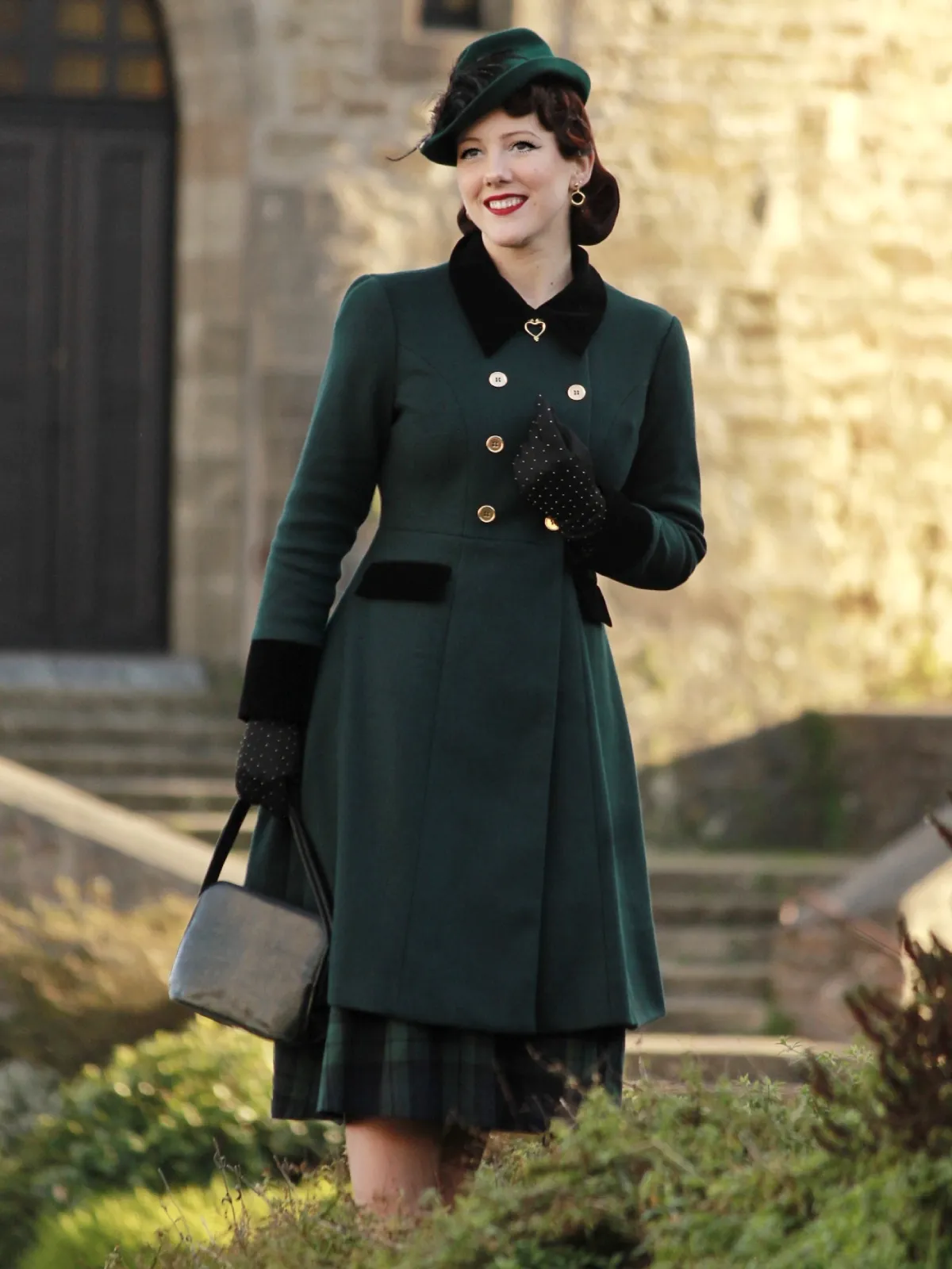 Dark Green 1940s Solid Button Coat