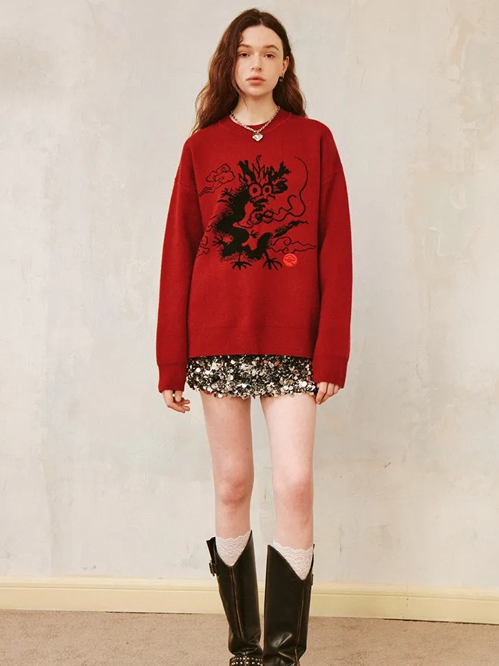 Dragon Design Round Neck Drop-shoulder Sweater