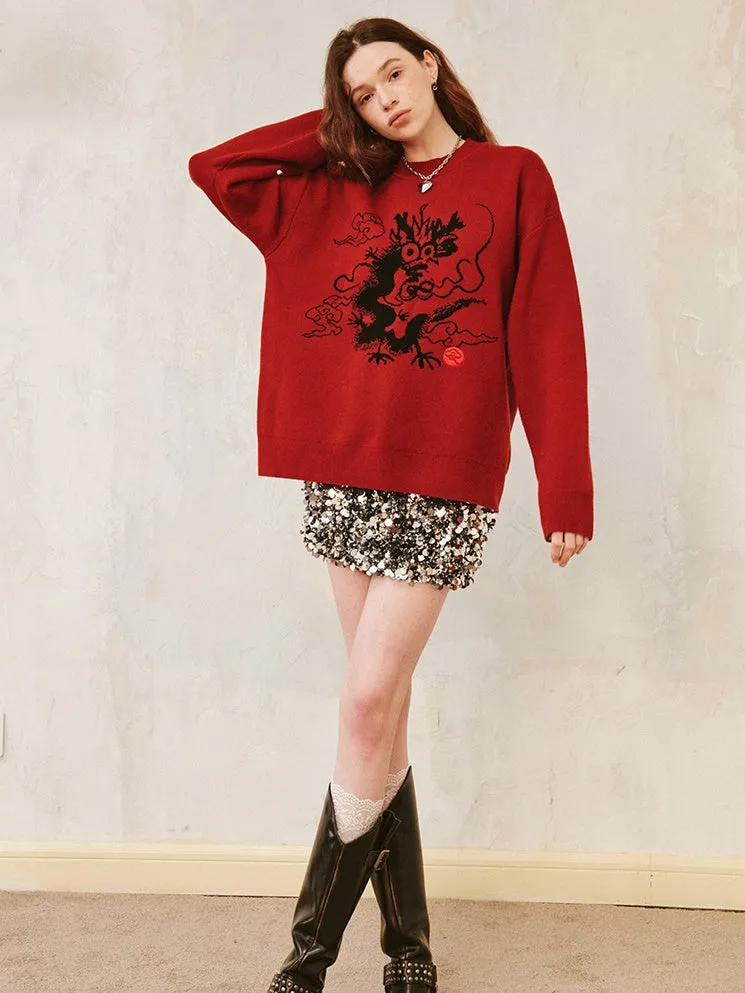 Dragon Design Round Neck Drop-shoulder Sweater