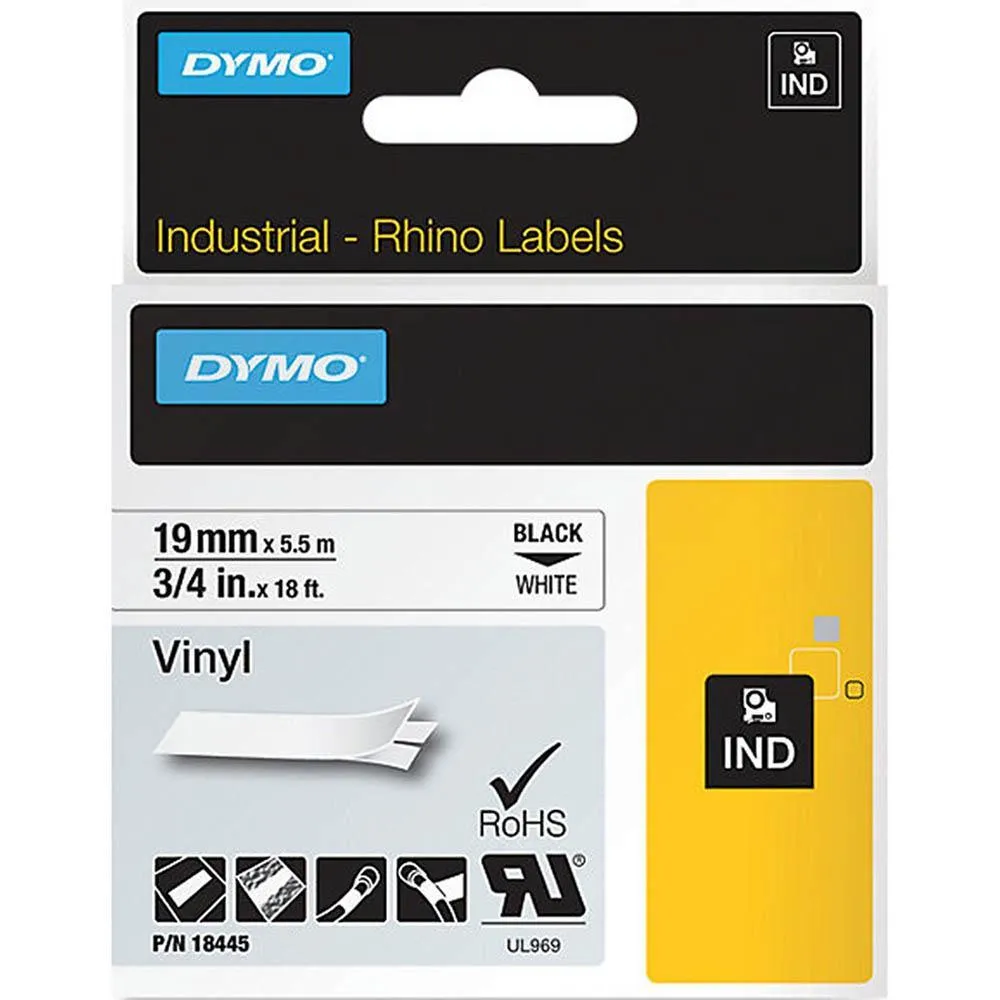 Dymo 18445 Rhino Industrial Tape Vinyl 19mm Black On White Pack 6 BULK