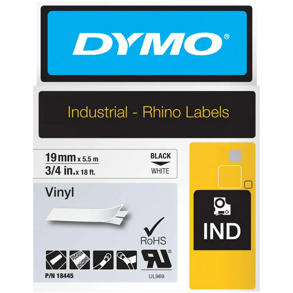 Dymo 18445 Rhino Industrial Tape Vinyl 19mm Black On White Pack 6 BULK