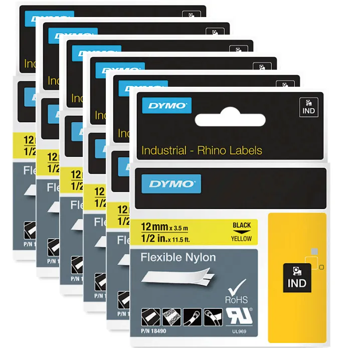 Dymo 18490 Rhino Industrial Tape Flexible Nylon 12mm Black On Yellow 6 Pack