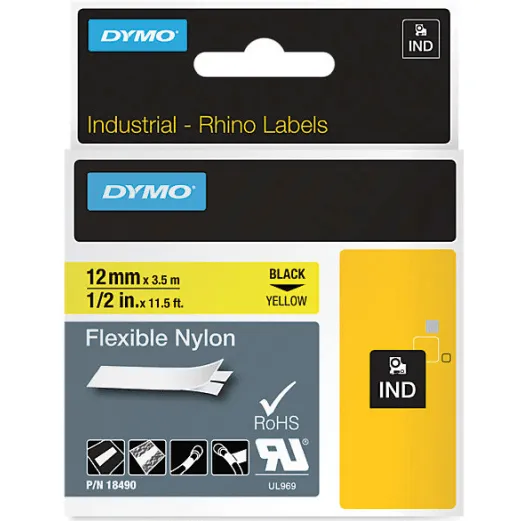 Dymo 18490 Rhino Industrial Tape Flexible Nylon 12mm Black On Yellow 6 Pack