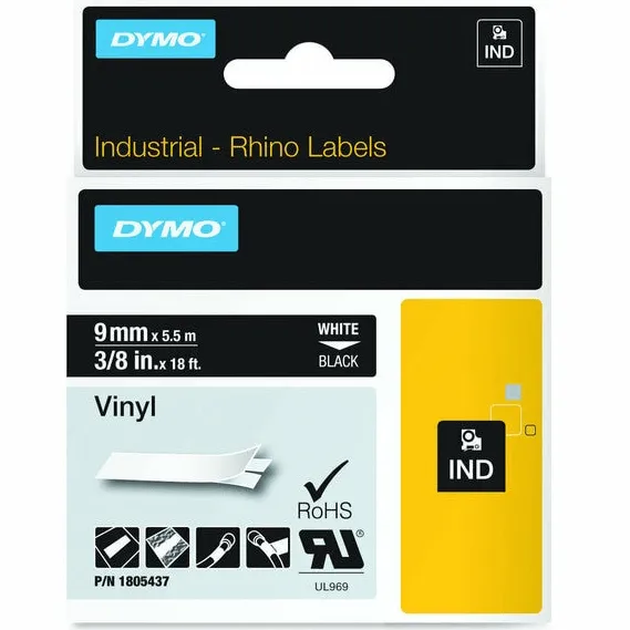 Dymo Rhino Industrial Tape Vinyl 9mm White On Black 5 Pack