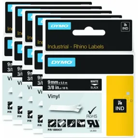 Dymo Rhino Industrial Tape Vinyl 9mm White On Black 5 Pack