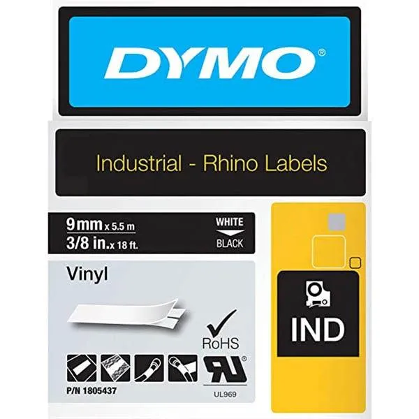 Dymo Rhino Industrial Tape Vinyl 9mm White On Black 5 Pack