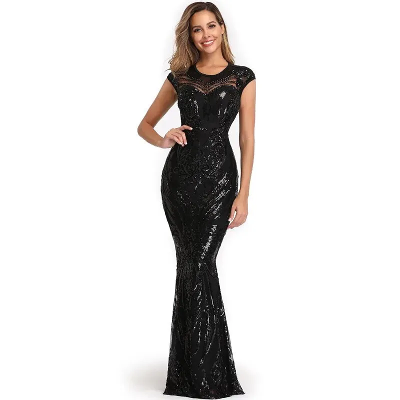 Elegant Black Sequins Dress Backless Beads Long Evening Party Dress