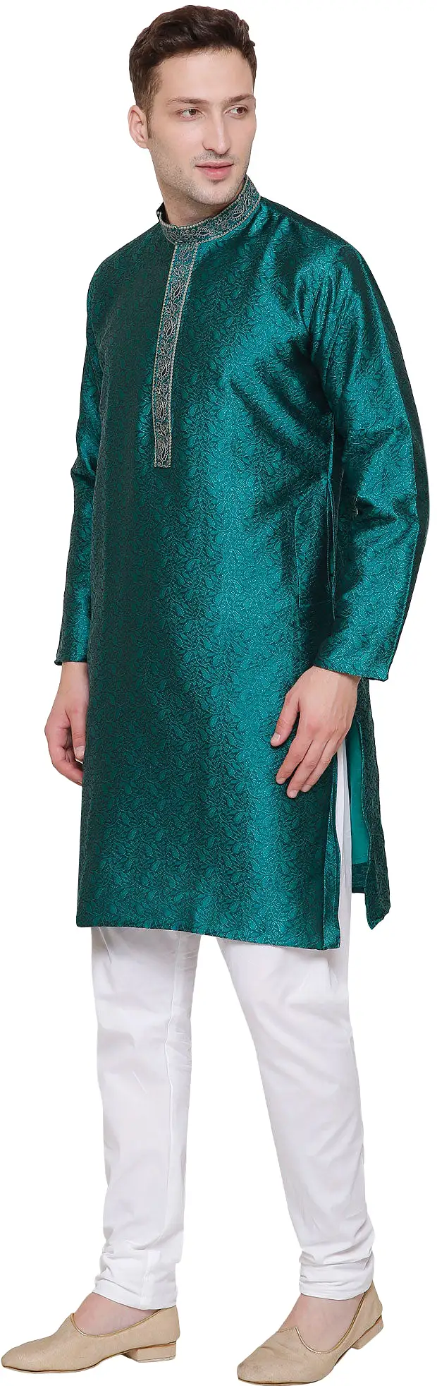 Embroidered Jacquard Silk Mens Kurta Pyjama Indian Clothes (Green)