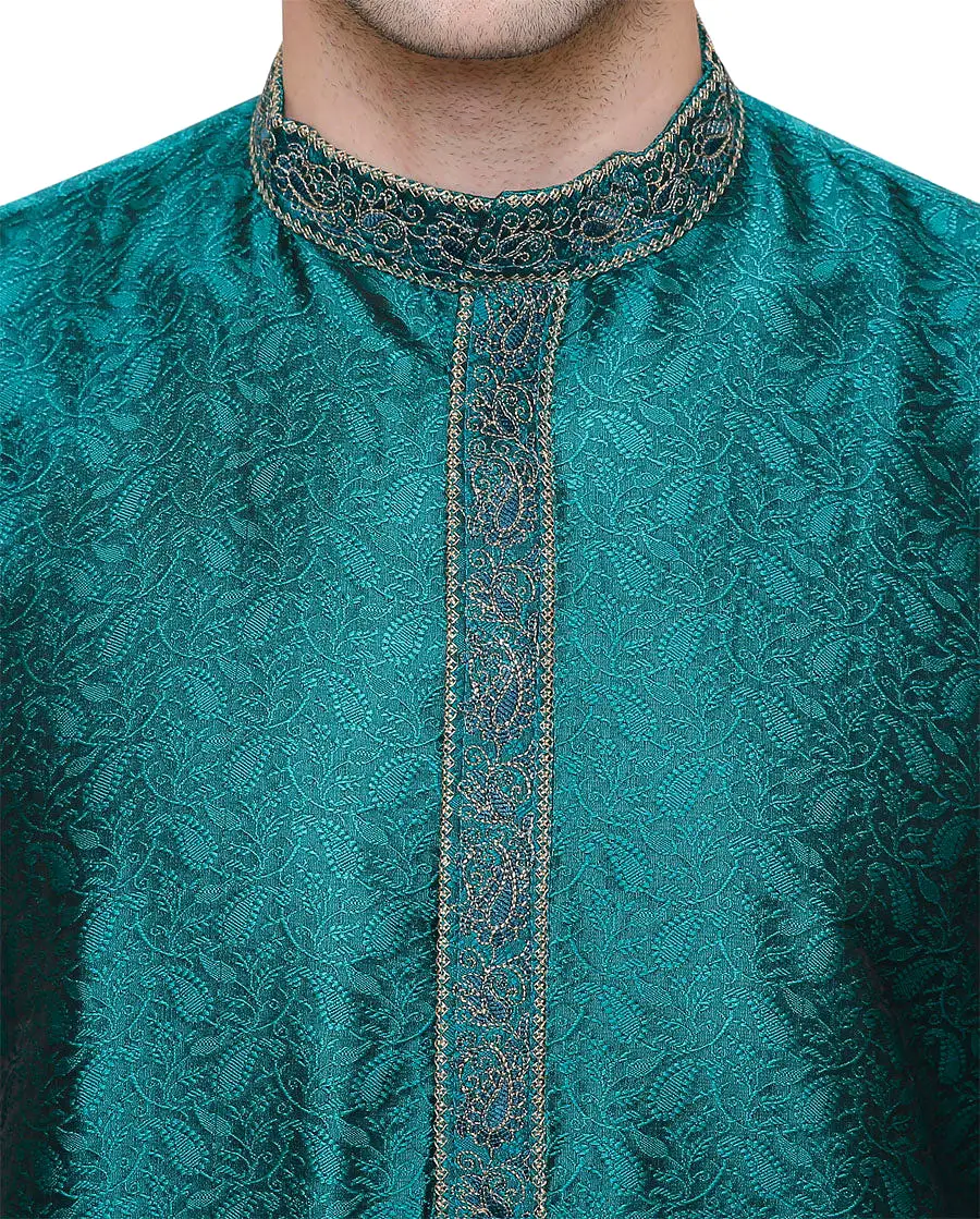 Embroidered Jacquard Silk Mens Kurta Pyjama Indian Clothes (Green)