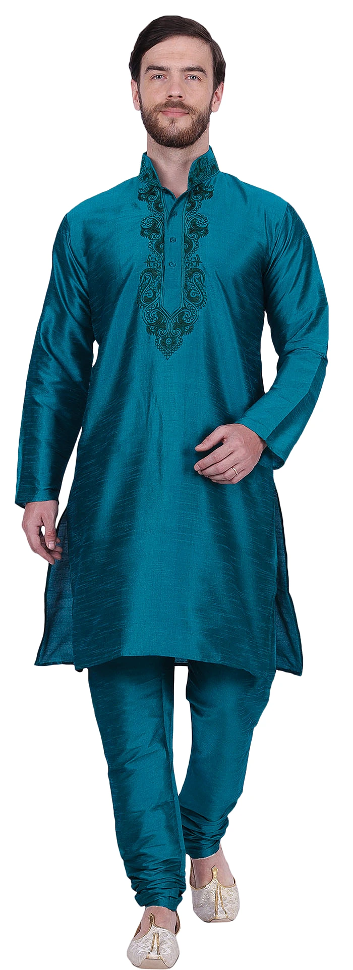 Embroidered Silk Mens Kurta Pyjama Indian Clothes (Turquoise)