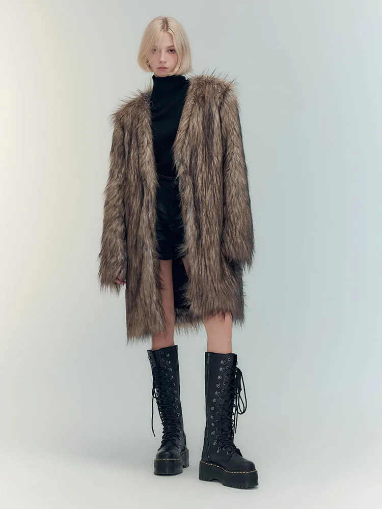 Fur Elegant Fluffily No-Collar Long-Coat