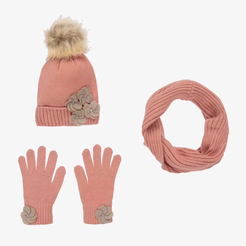 Girls Pink Knitted Hat Set