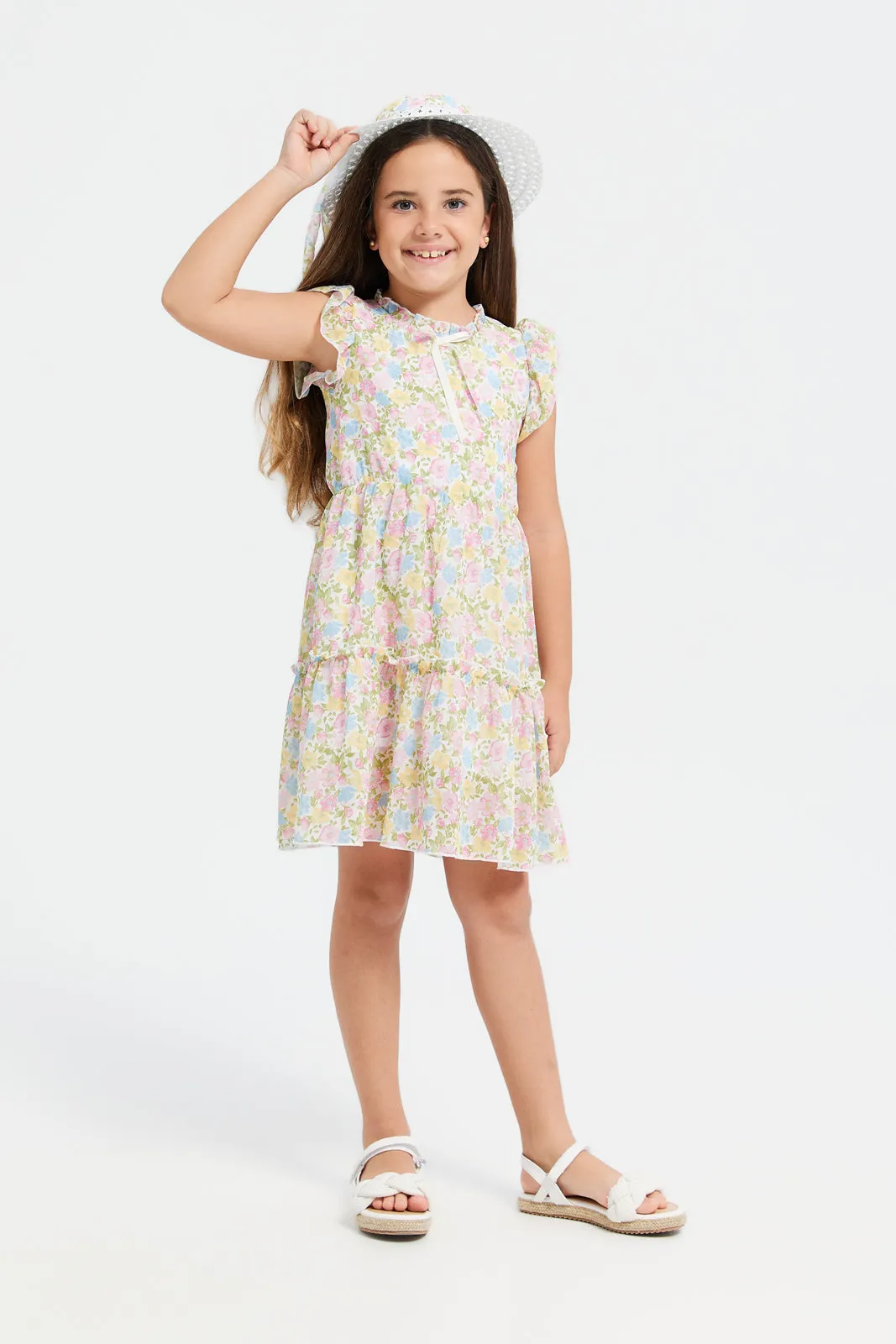 Girls Yellow Print Dress With Hat (2 Piece)