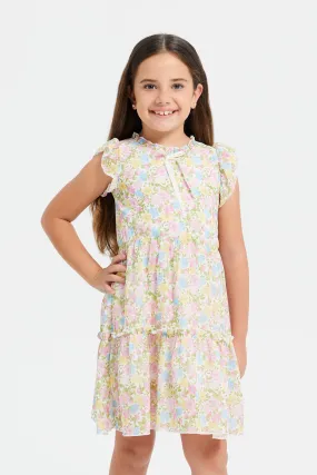 Girls Yellow Print Dress With Hat (2 Piece)