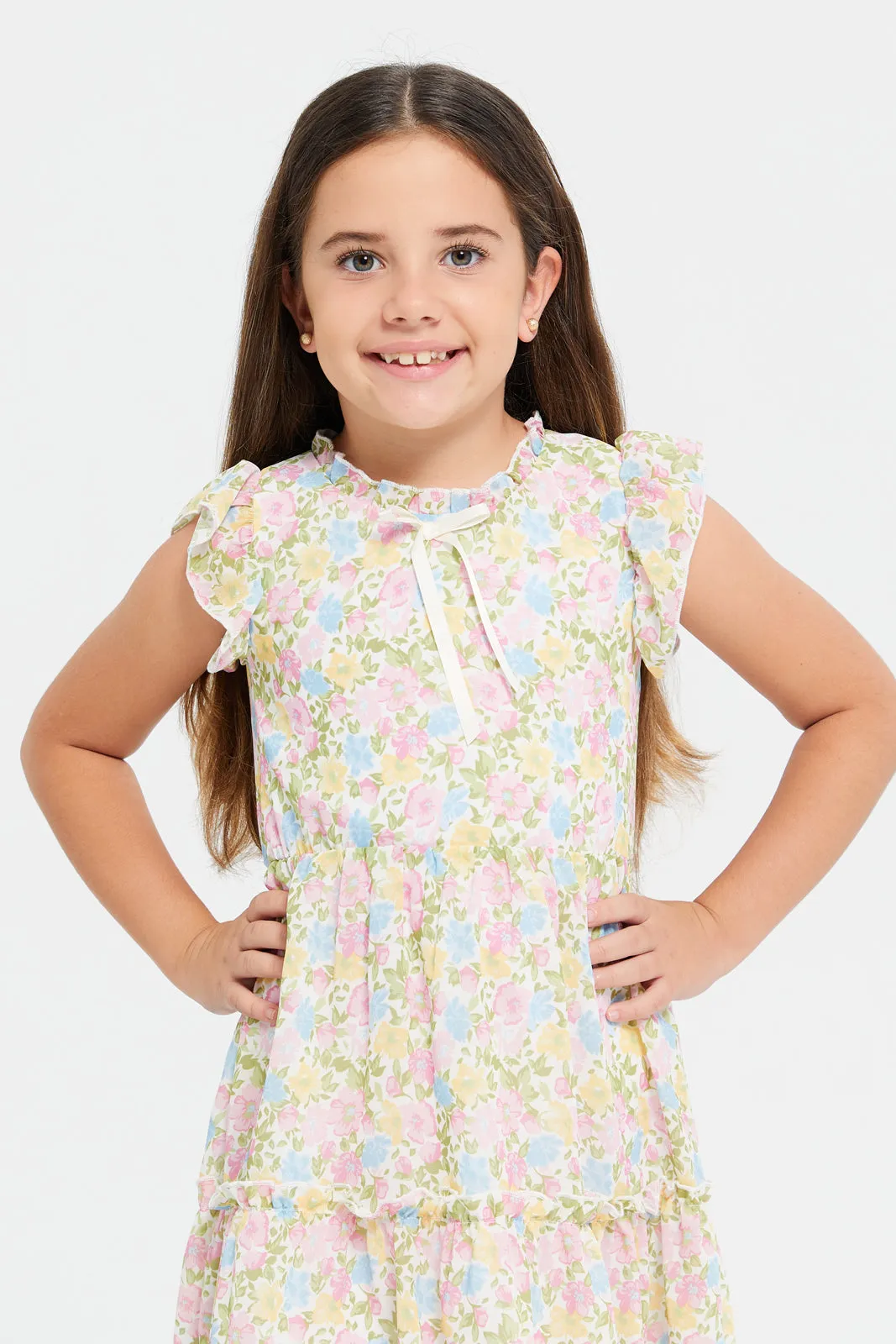 Girls Yellow Print Dress With Hat (2 Piece)