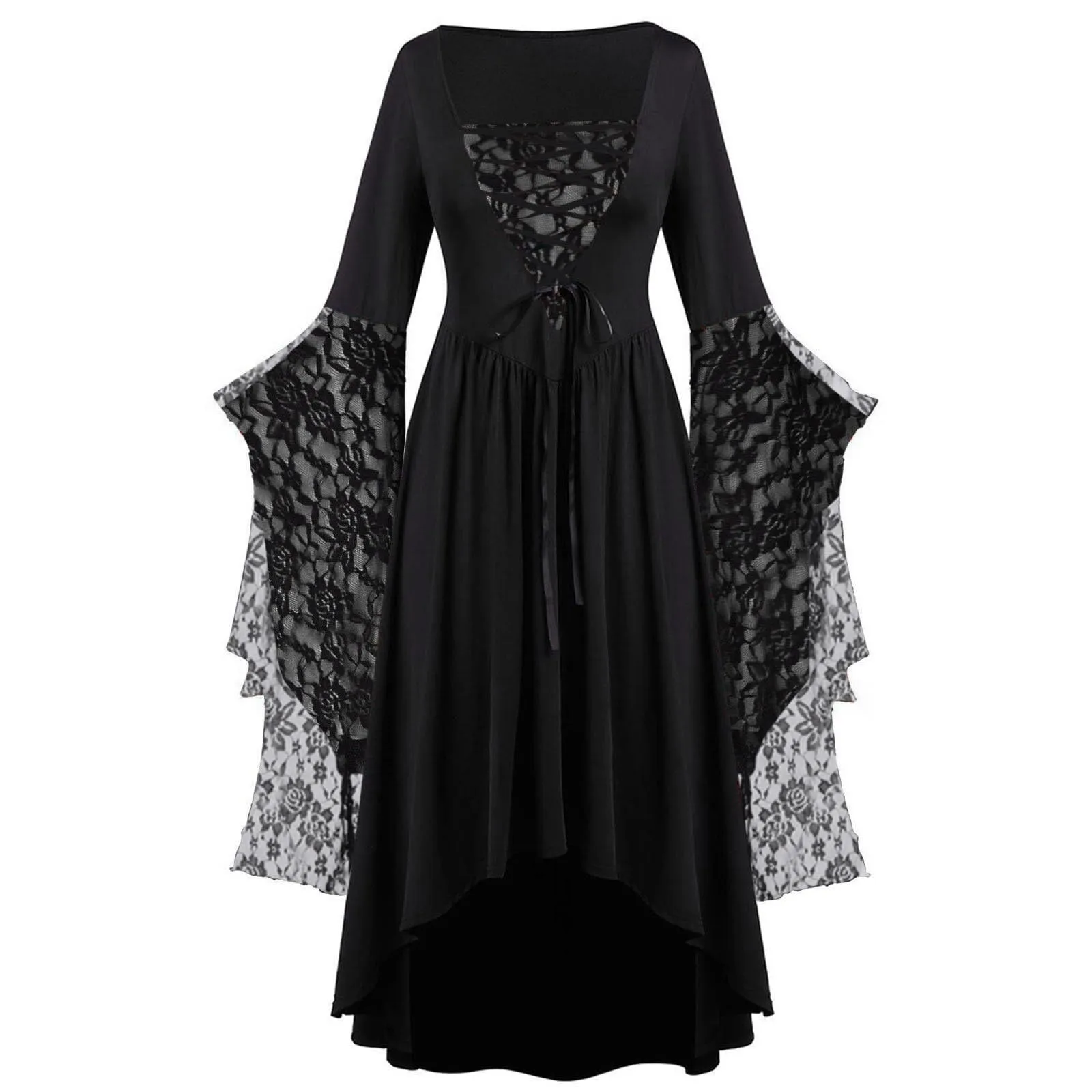 Gothic Halloween Dresses Women Vintage Witch Vampire Dress Up Carnival Party Trumpet Sleeve Long Dress