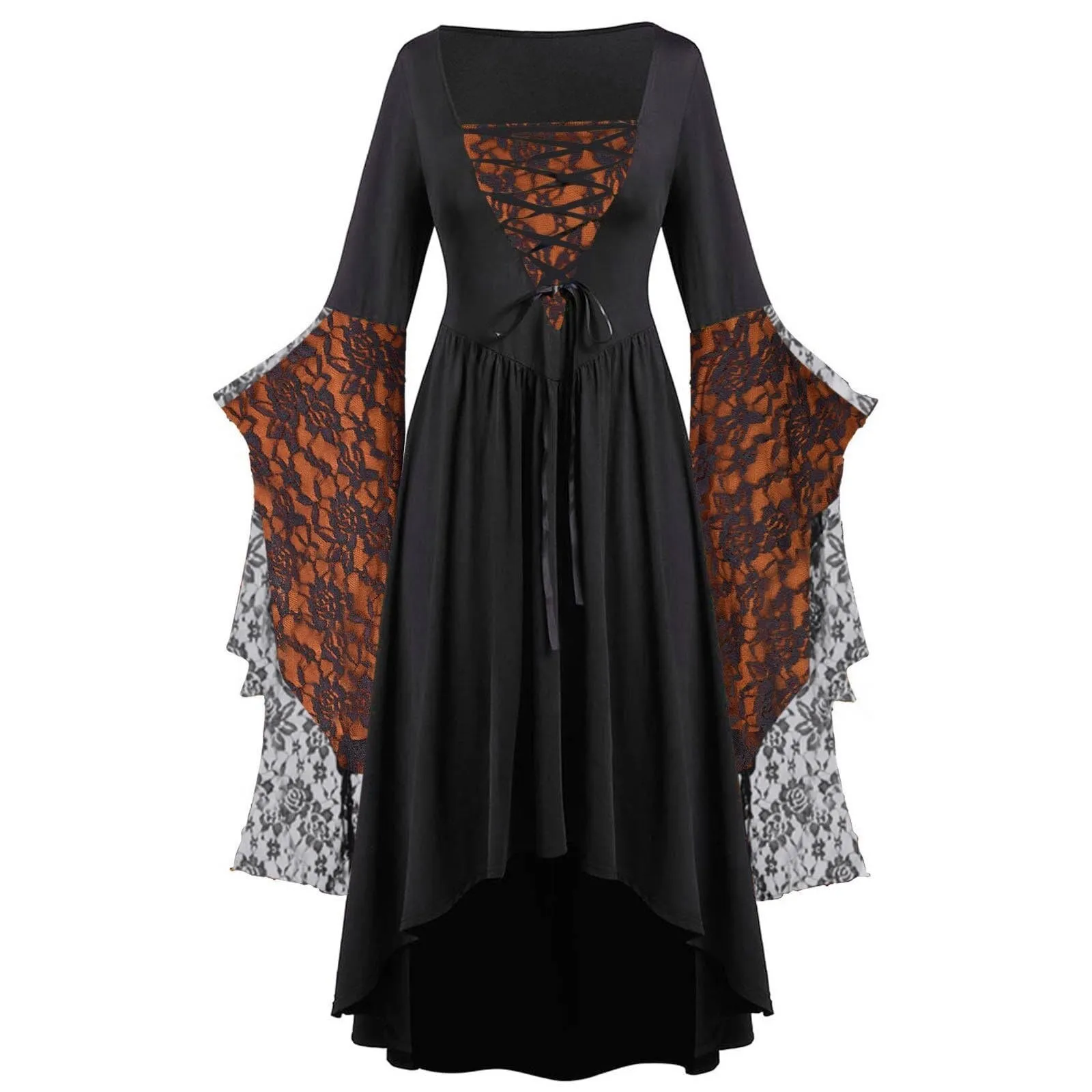 Gothic Halloween Dresses Women Vintage Witch Vampire Dress Up Carnival Party Trumpet Sleeve Long Dress