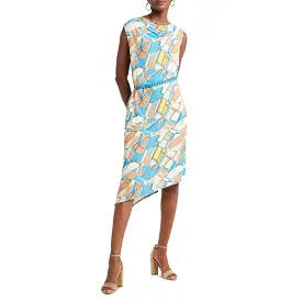 H Halston Womens Asymmetric Printed Sheath Dress