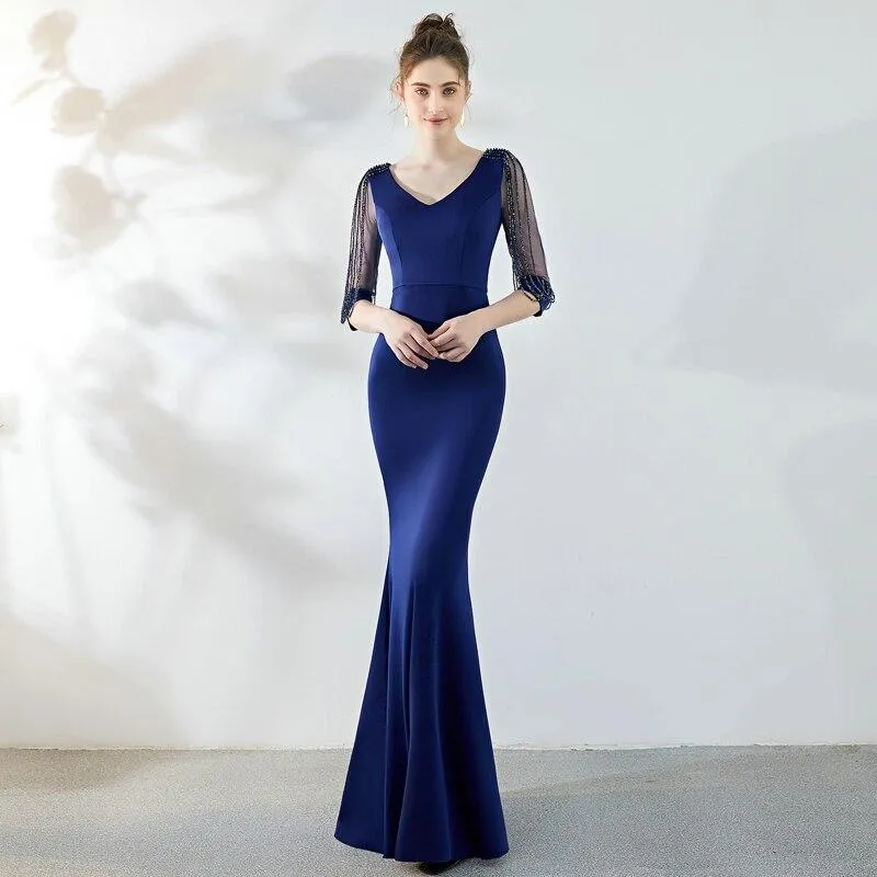 Half Sleeve Beading Long Bridesmaid Dress New Werdding Party Formal Dress