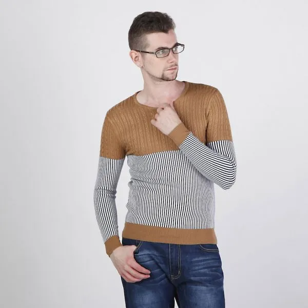 Half Cable Knit Sweater for Men with Thin Stripe Pattern