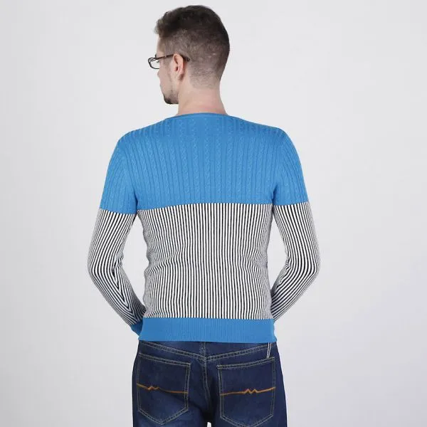 Half Cable Knit Sweater for Men with Thin Stripe Pattern