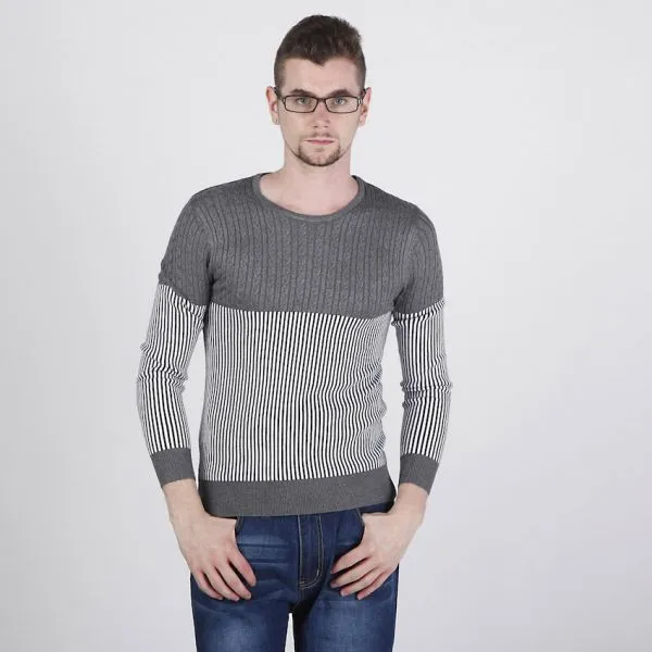 Half Cable Knit Sweater for Men with Thin Stripe Pattern