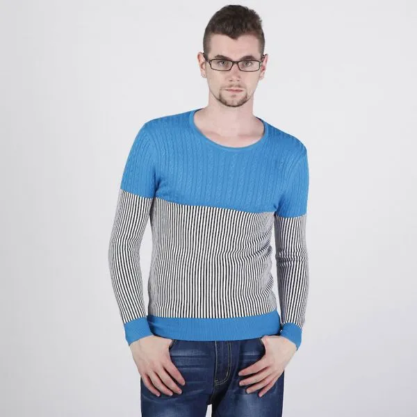 Half Cable Knit Sweater for Men with Thin Stripe Pattern