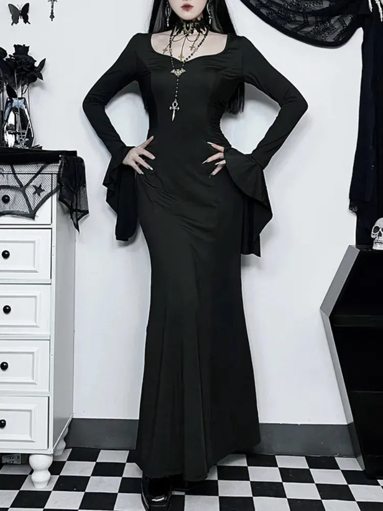 Halloween Gothic Dark Party Women Aesthetic Vintage Elegant Nightclub Long Sleeve High Waist Trumpet Dress