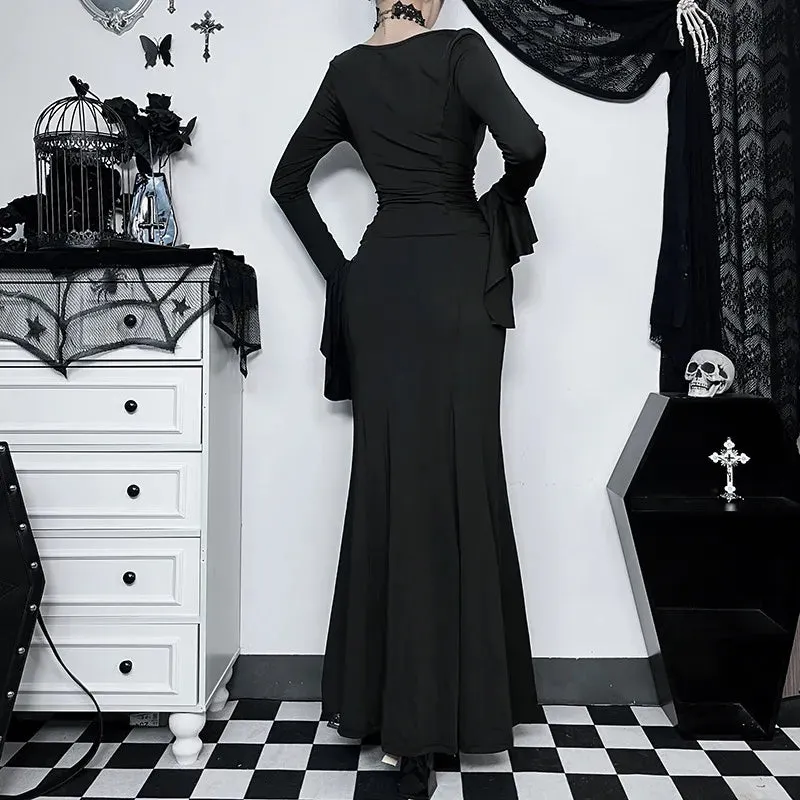 Halloween Gothic Dark Party Women Aesthetic Vintage Elegant Nightclub Long Sleeve High Waist Trumpet Dress