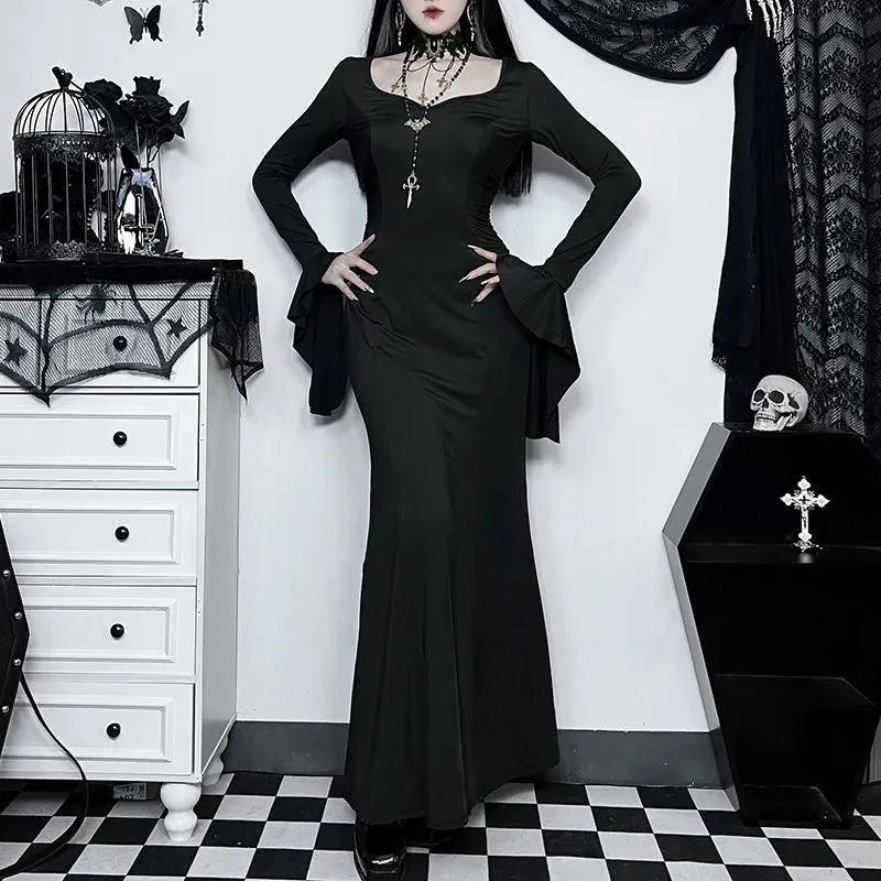 Halloween Gothic Dark Party Women Aesthetic Vintage Elegant Nightclub Long Sleeve High Waist Trumpet Dress