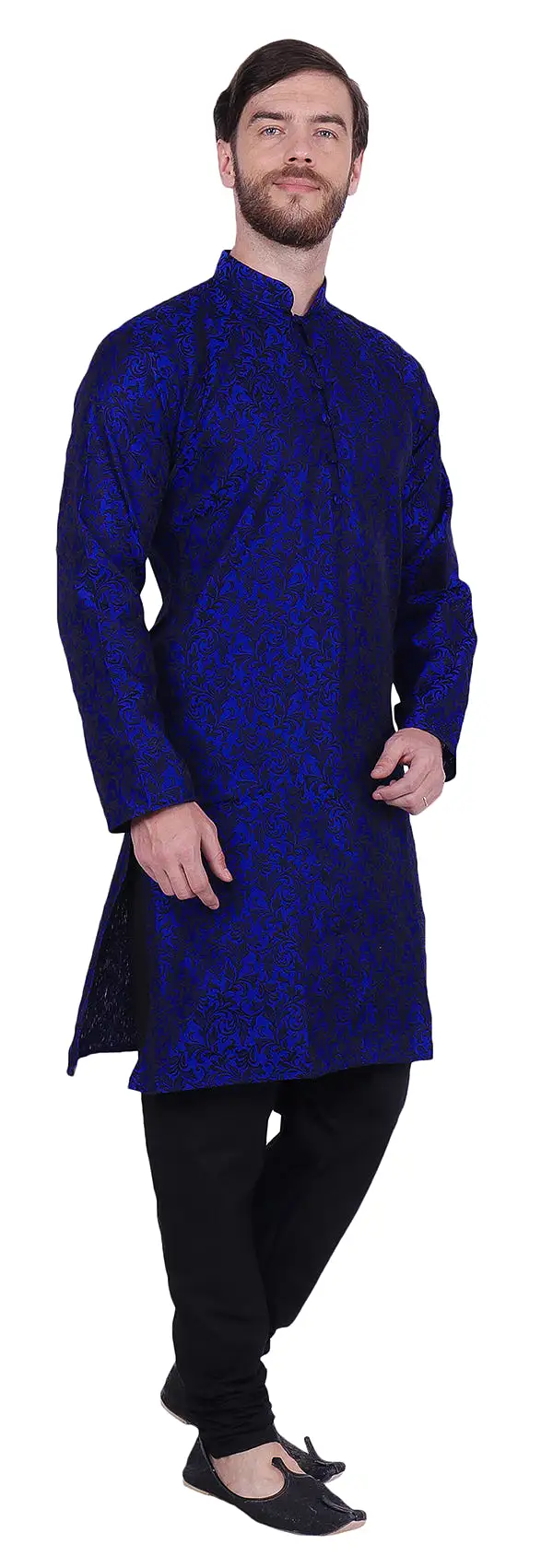 Jacquard Silk Men's Kurta Pyjama Party Indian Clothes (Blue)