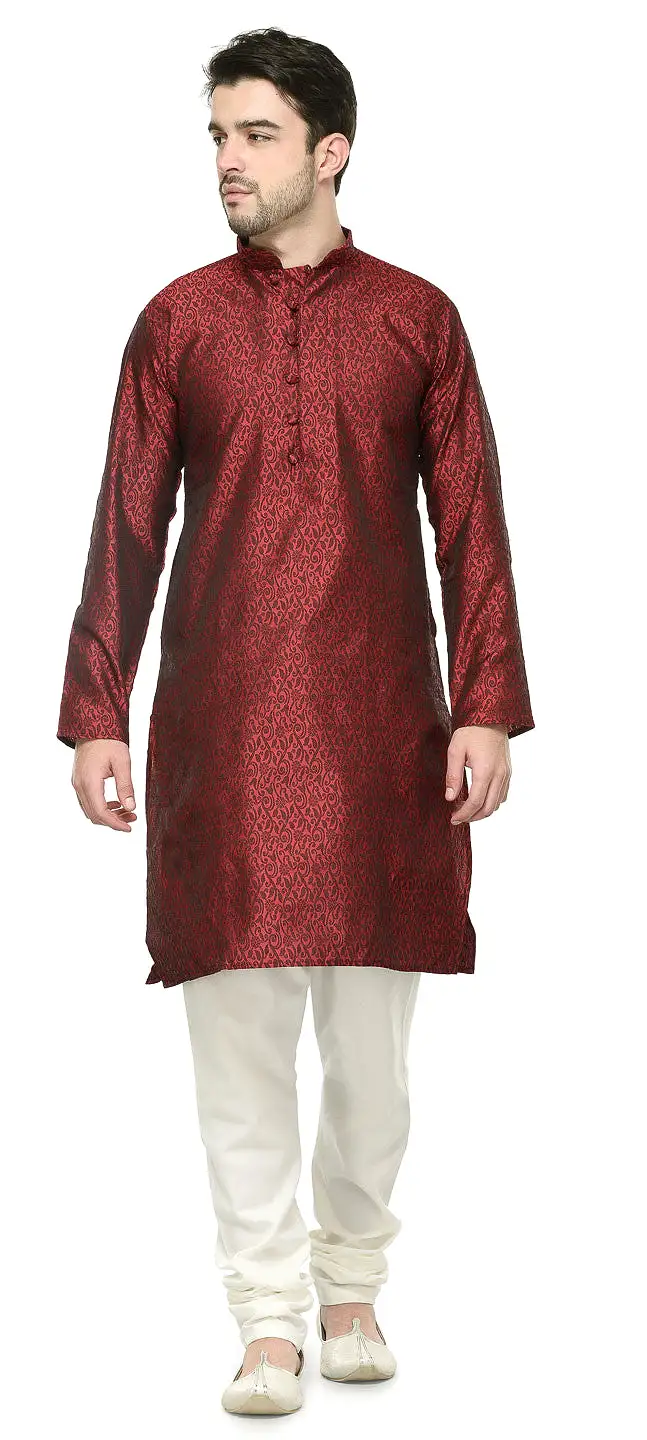 Jacquard Silk Mens Party Wear Kurta Pyjama Indian Clothes (Maroon)