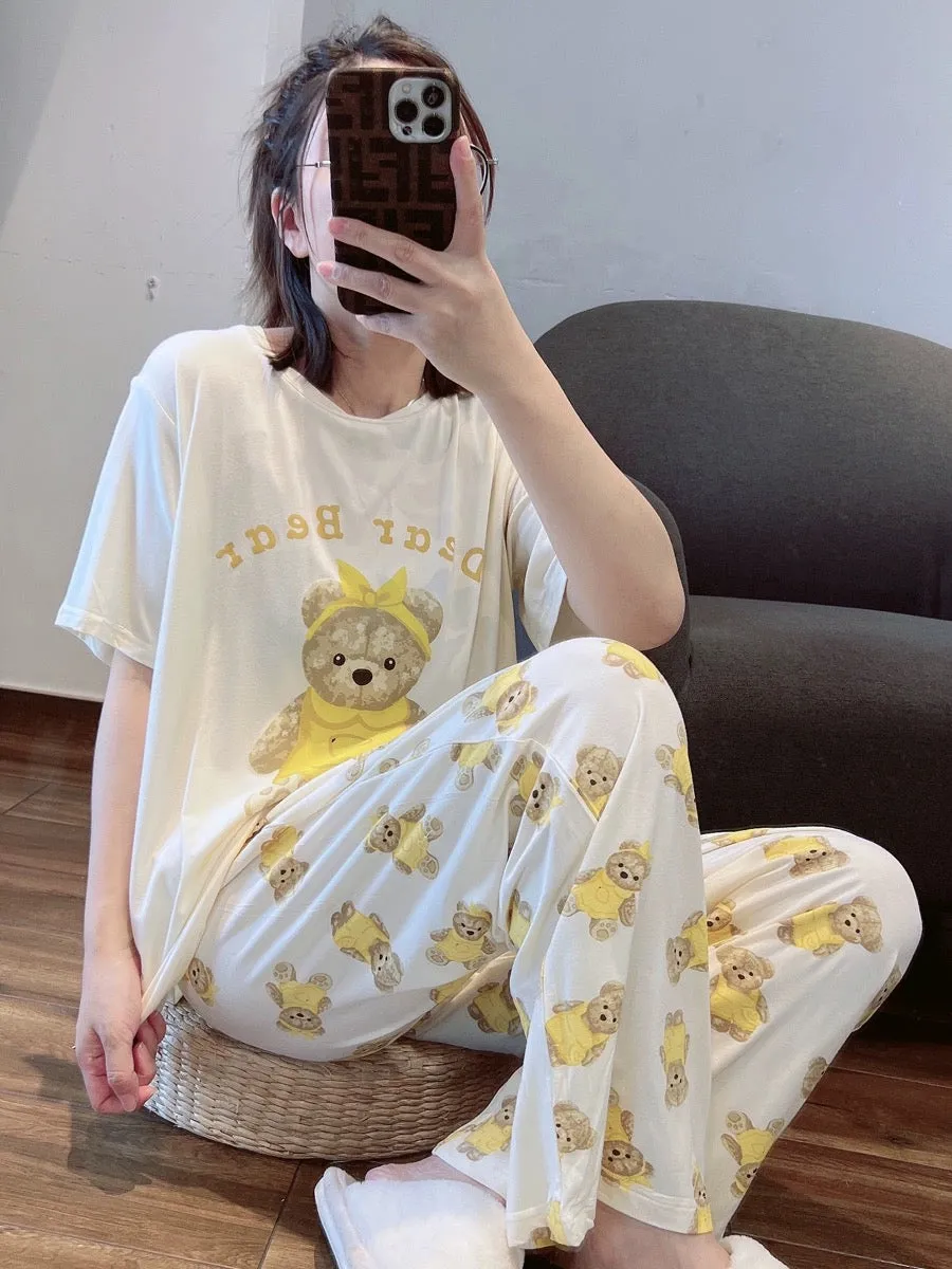 Japanese cute bear modal pajamas for women spring and summer thin short-sleeved trousers casual round neck home wear set