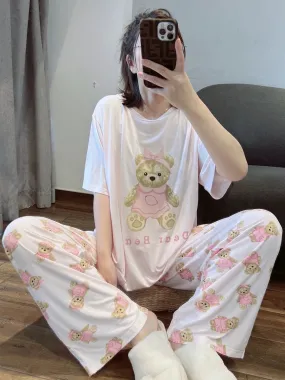 Japanese cute bear modal pajamas for women spring and summer thin short-sleeved trousers casual round neck home wear set