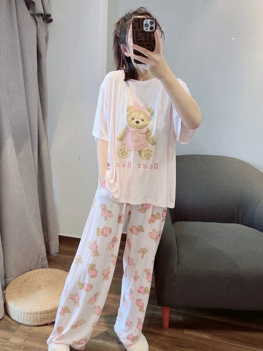 Japanese cute bear modal pajamas for women spring and summer thin short-sleeved trousers casual round neck home wear set