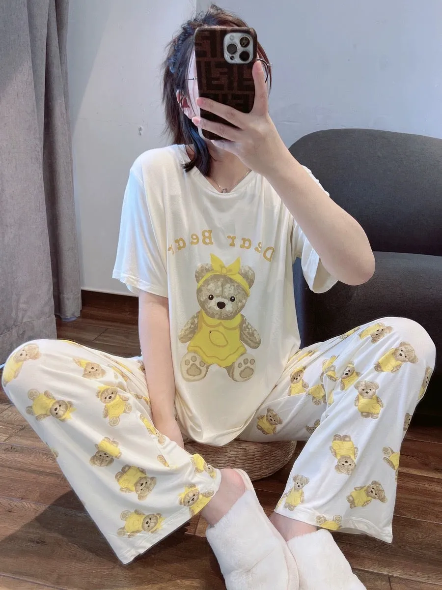 Japanese cute bear modal pajamas for women spring and summer thin short-sleeved trousers casual round neck home wear set