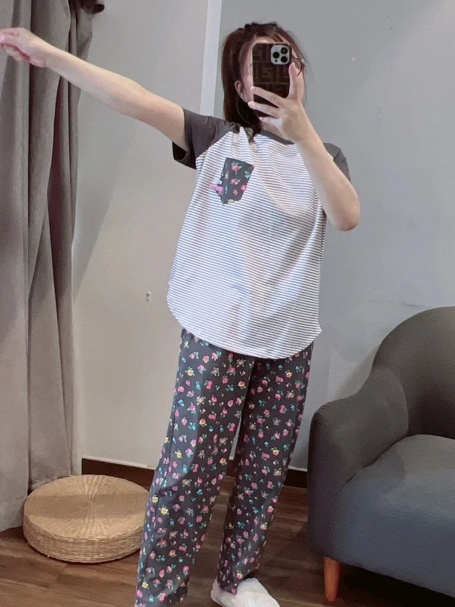 Japanese fresh floral pajamas for women spring and summer pure cotton short-sleeved trousers casual home wear suit that can be w