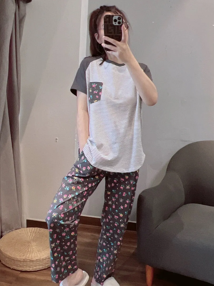 Japanese fresh floral pajamas for women spring and summer pure cotton short-sleeved trousers casual home wear suit that can be w