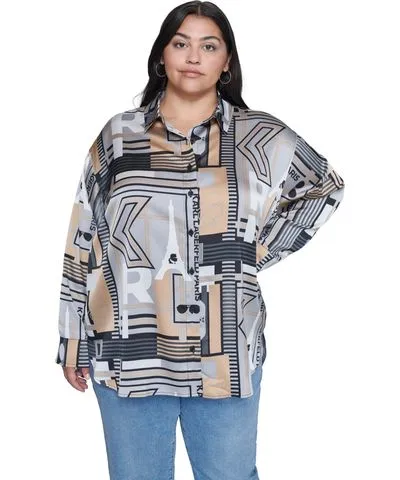 Karl Lagerfeld Paris Plus Size Printed Button-Front Long-Sleeve Blouse