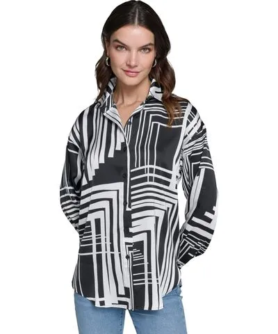 Karl Lagerfeld Paris Women's Oversized Printed Satin Button-Front Top