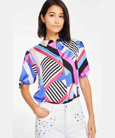 Karl Lagerfeld Paris Women's Printed Bungee-Sleeve Top