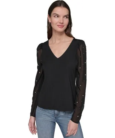 Karl Lagerfeld Paris Women's V-Neck Embellished Sheer-Sleeve Top