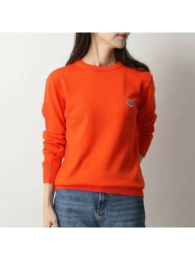 Knit Unisex Fox Head Patch Round Neck Sweater Orange HU00506KT1036