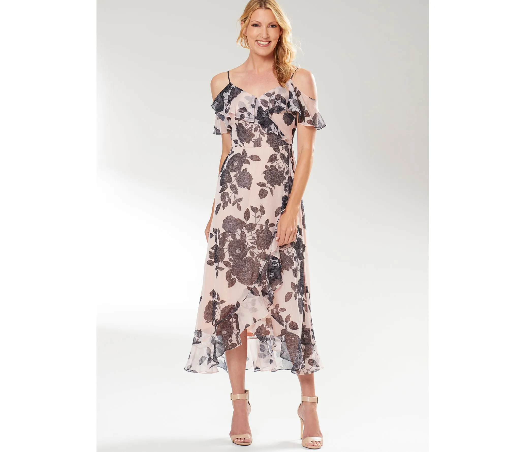 London Times Cold Shoulder Ruffle Wrap Maxi