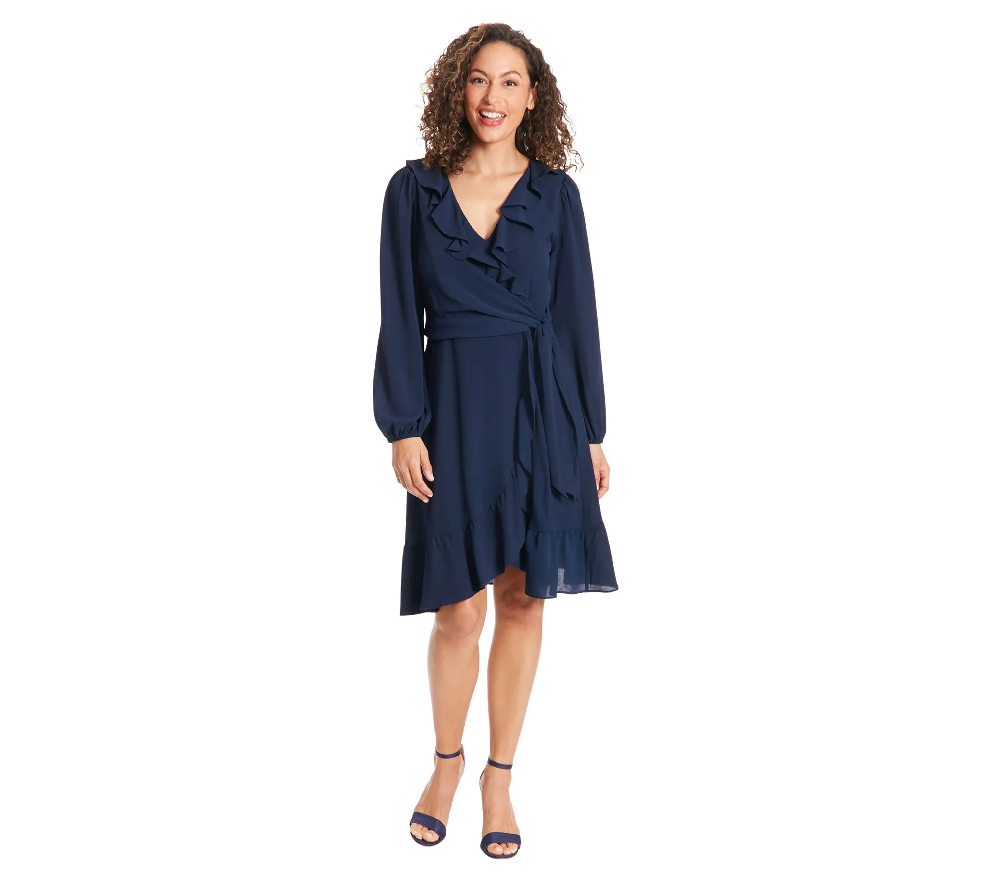 London Times Faux Wrap Ruffle Dress with BishopSleeves