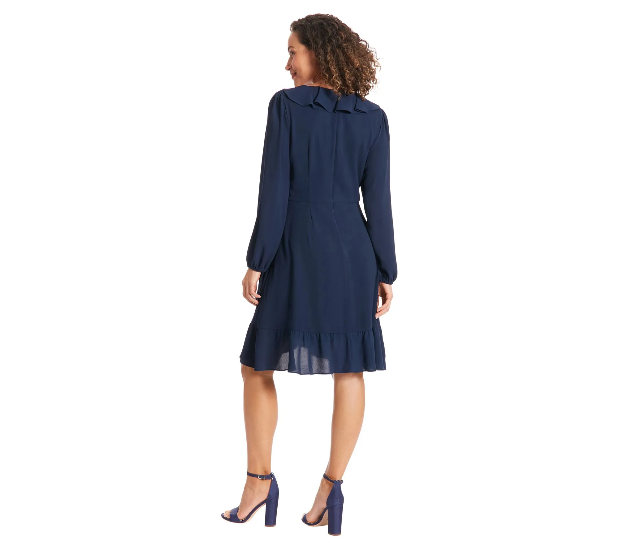 London Times Faux Wrap Ruffle Dress with BishopSleeves